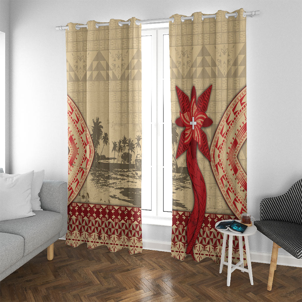 Tonga Language Week Window Curtain Tribal Cross Ngatu Floral Pattern DT05 With Grommets Red - Polynesian Pride