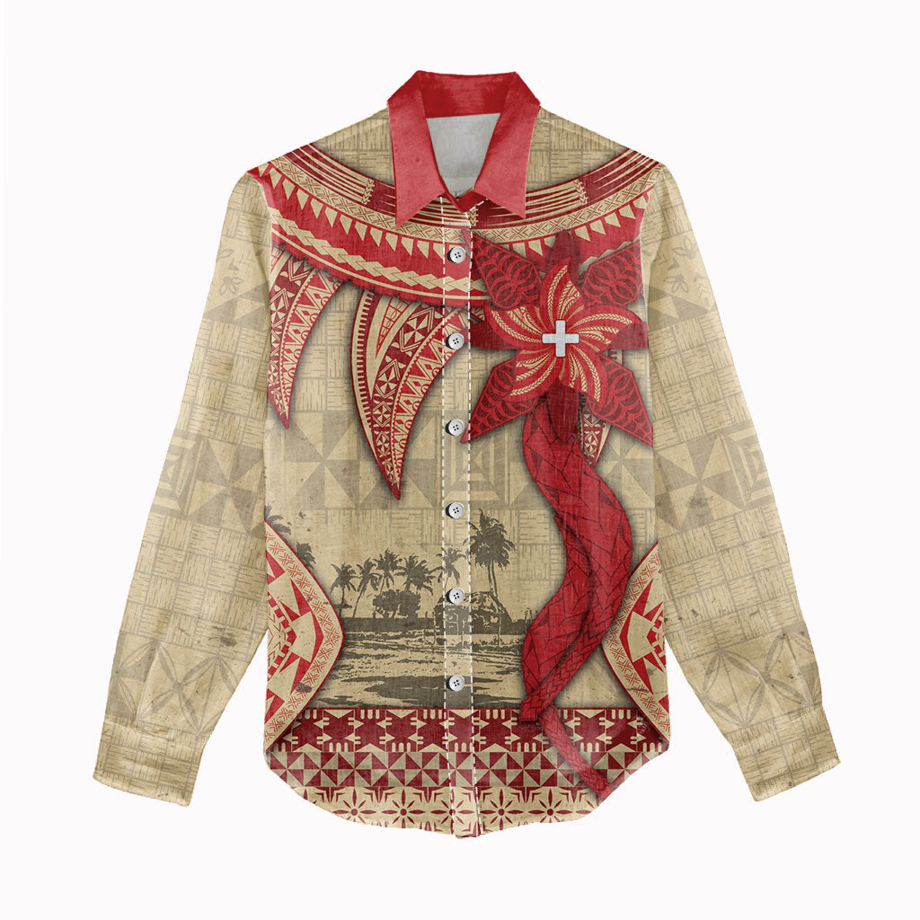 Tonga Language Week Women Casual Shirt Tribal Cross Ngatu Floral Pattern DT05 - Polynesian Pride