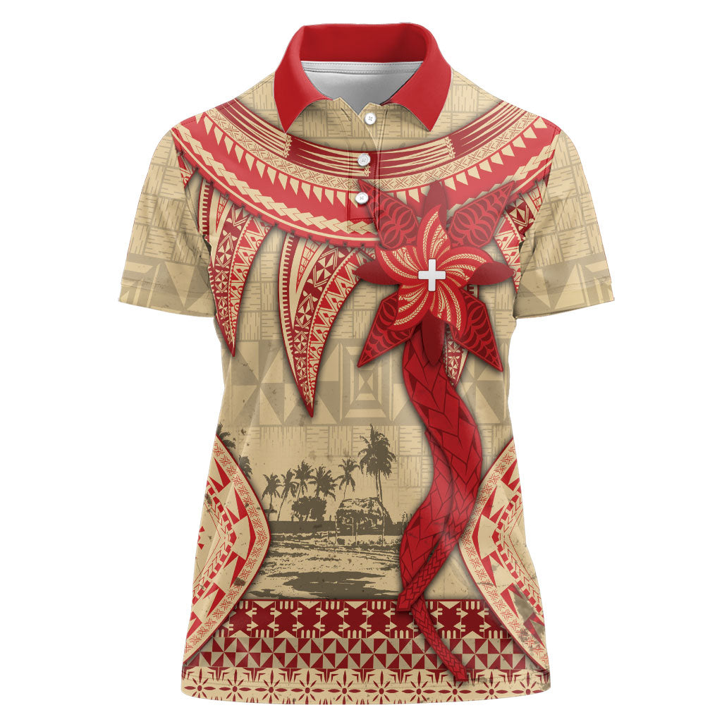 Tonga Language Week Women Polo Shirt Tribal Cross Ngatu Floral Pattern DT05 Female Red - Polynesian Pride