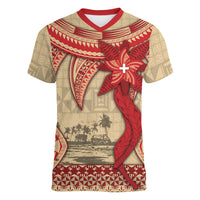 Tonga Language Week Women V-Neck T-Shirt Tribal Cross Ngatu Floral Pattern DT05 Female Red - Polynesian Pride