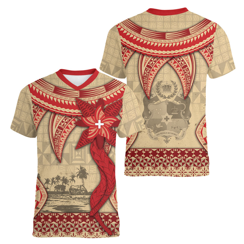 Tonga Language Week Women V-Neck T-Shirt Tribal Cross Ngatu Floral Pattern DT05 - Polynesian Pride