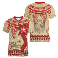 Tonga Language Week Women V-Neck T-Shirt Tribal Cross Ngatu Floral Pattern DT05 - Polynesian Pride