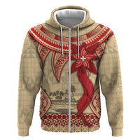 Tonga Language Week Zip Hoodie Tribal Cross Ngatu Floral Pattern DT05 Zip Hoodie Red - Polynesian Pride