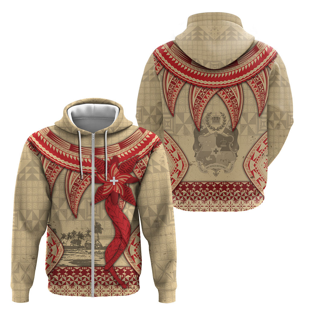 Tonga Language Week Zip Hoodie Tribal Cross Ngatu Floral Pattern DT05 - Polynesian Pride