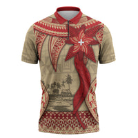 Tonga Language Week Zipper Polo Shirt Tribal Cross Ngatu Floral Pattern DT05 Red - Polynesian Pride