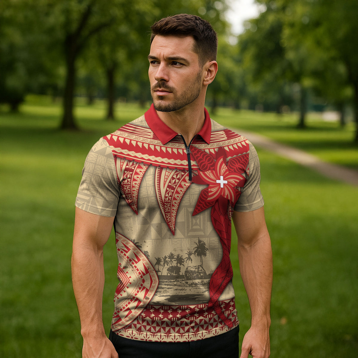 Tonga Language Week Zipper Polo Shirt Tribal Cross Ngatu Floral Pattern DT05 - Polynesian Pride