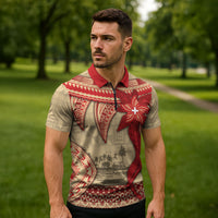 Tonga Language Week Zipper Polo Shirt Tribal Cross Ngatu Floral Pattern DT05 - Polynesian Pride