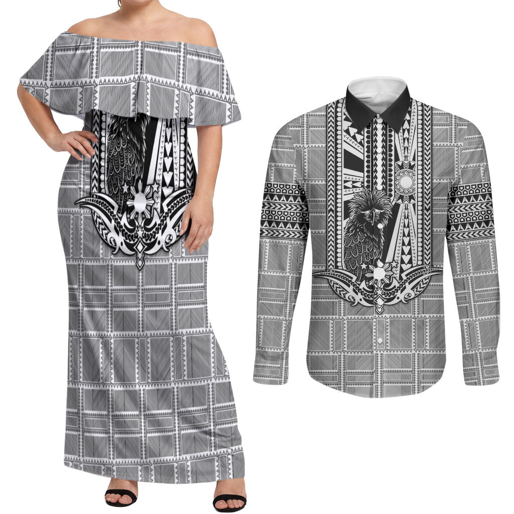 Mabuhay Philippines Festival Couples Matching Off Shoulder Maxi Dress and Long Sleeve Button Shirt Philippine Eagle Sun Three Stars Barong Pattern