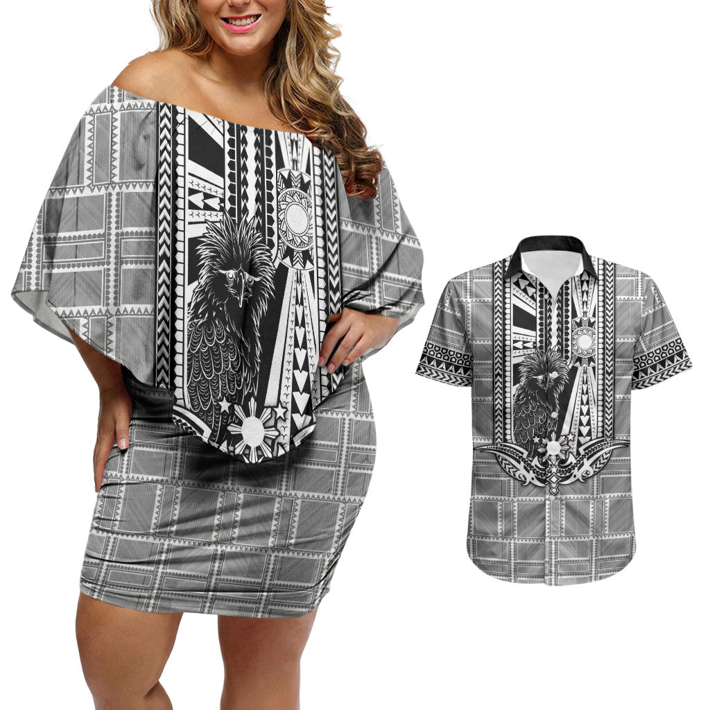 Mabuhay Philippines Festival Couples Matching Off Shoulder Short Dress and Hawaiian Shirt Philippine Eagle Sun Three Stars Barong Pattern DT05 Gray - Polynesian Pride