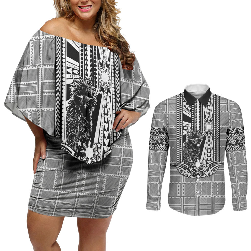 Mabuhay Philippines Festival Couples Matching Off Shoulder Short Dress and Long Sleeve Button Shirt Philippine Eagle Sun Three Stars Barong Pattern