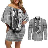 Mabuhay Philippines Festival Couples Matching Off Shoulder Short Dress and Long Sleeve Button Shirt Philippine Eagle Sun Three Stars Barong Pattern DT05 Gray - Polynesian Pride