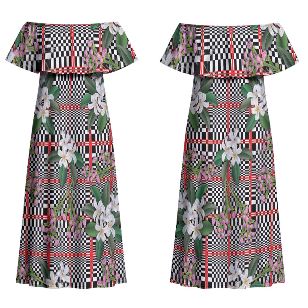 Red Binakol Motifs With Jasminum Sambac Couples Matching Off Shoulder Maxi Dress and Long Sleeve Button Shirt Mabuhay Philippines Festival DT05 - Polynesian Pride