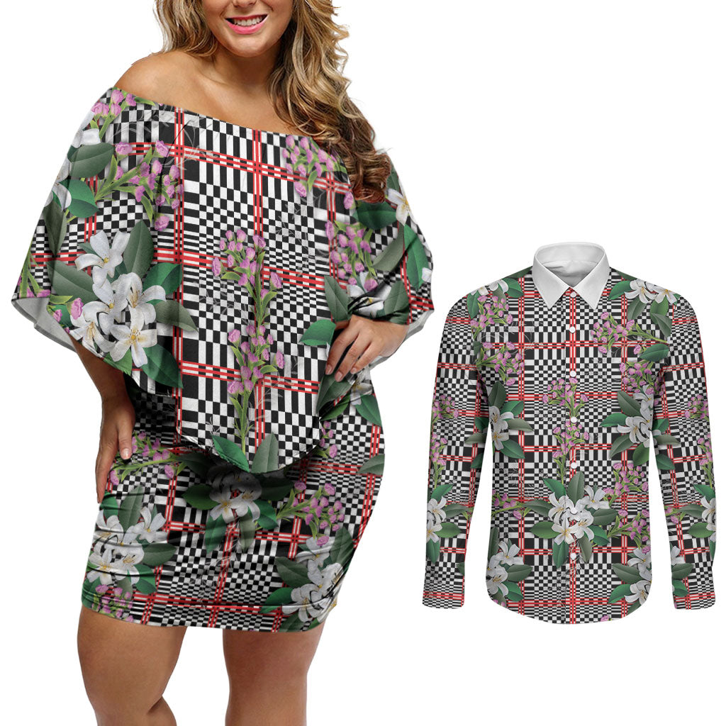 Red Binakol Motifs With Jasminum Sambac Couples Matching Off Shoulder Short Dress and Long Sleeve Button Shirt Mabuhay Philippines Festival