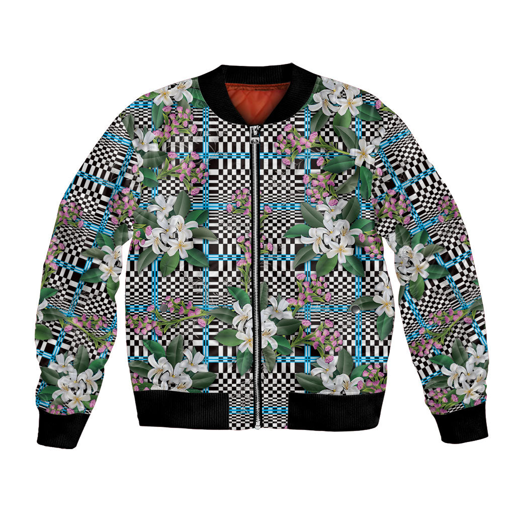 Blue Binakol Motifs With Jasminum Sambac Bomber Jacket Mabuhay Philippines Festival DT05 Unisex Blue - Polynesian Pride