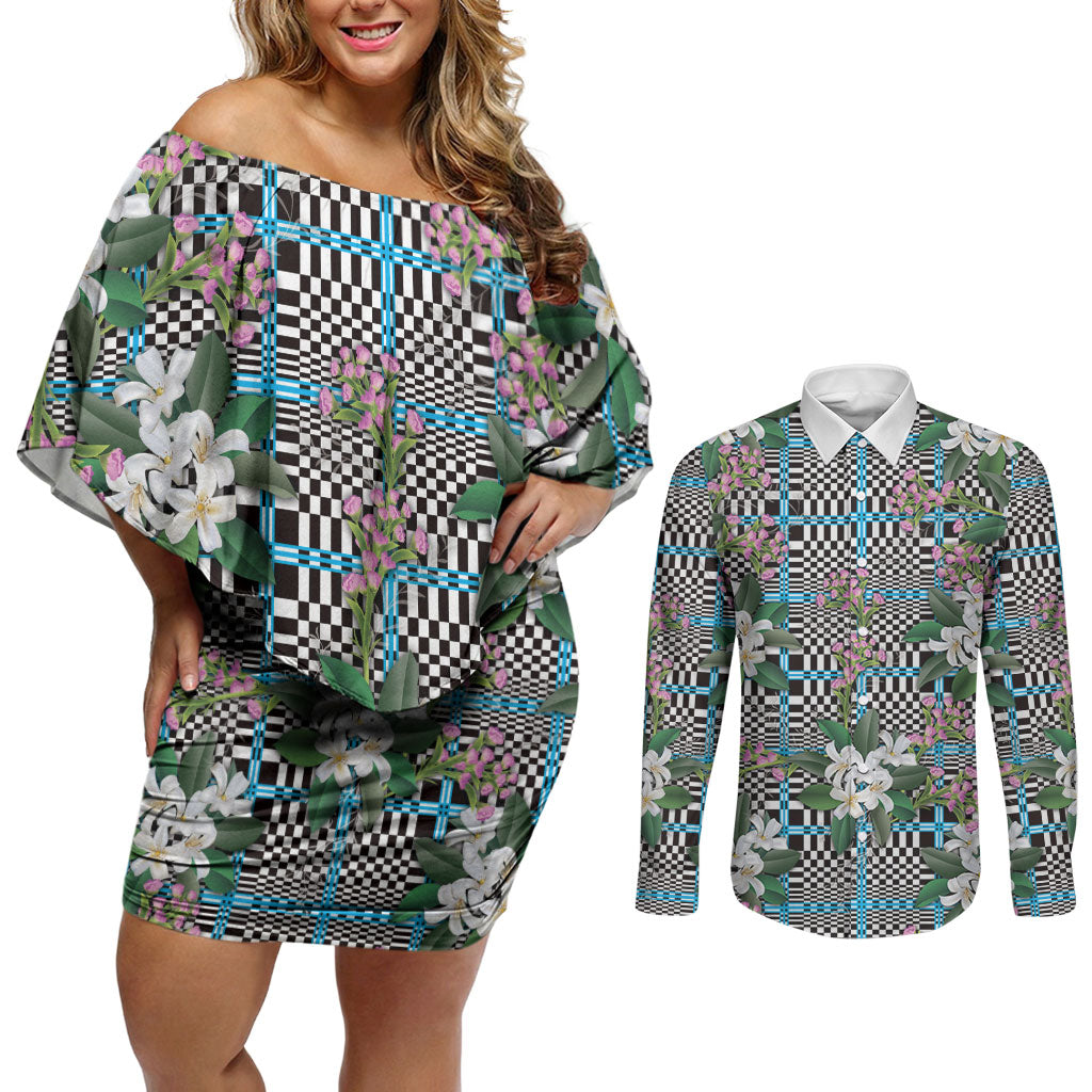 Blue Binakol Motifs With Jasminum Sambac Couples Matching Off Shoulder Short Dress and Long Sleeve Button Shirt Mabuhay Philippines Festival