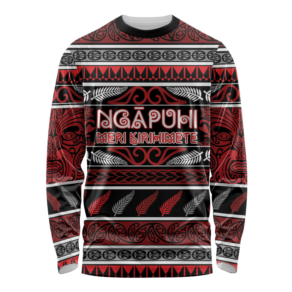 Personalised Ngapuhi Aotearoa Meri Kirihimete Long Sleeve Shirt Maori Silver Fern Koru Tribal Pattern DT05 Unisex Red - Polynesian Pride