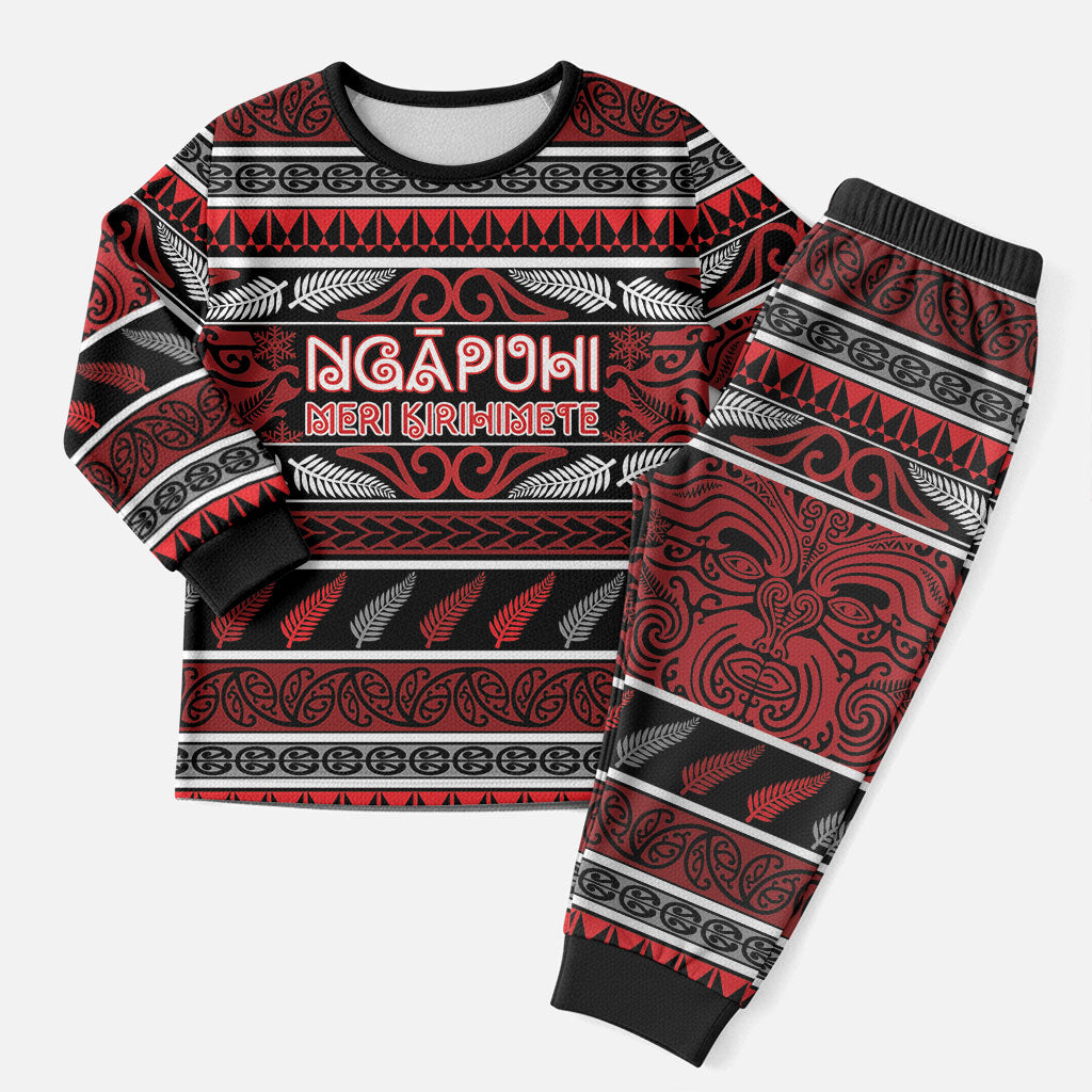 Personalised Ngapuhi Aotearoa Meri Kirihimete Christmas Pajama Set Maori Silver Fern Koru Tribal Pattern DT05 Men Red - Polynesian Pride
