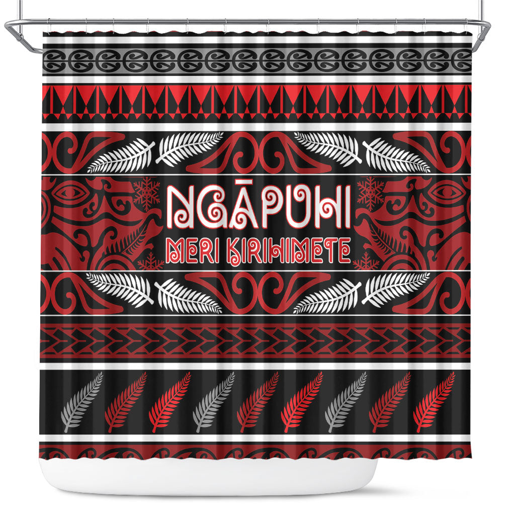 Ngapuhi Aotearoa Meri Kirihimete Shower Curtain Maori Silver Fern Koru Tribal Pattern DT05 Red - Polynesian Pride