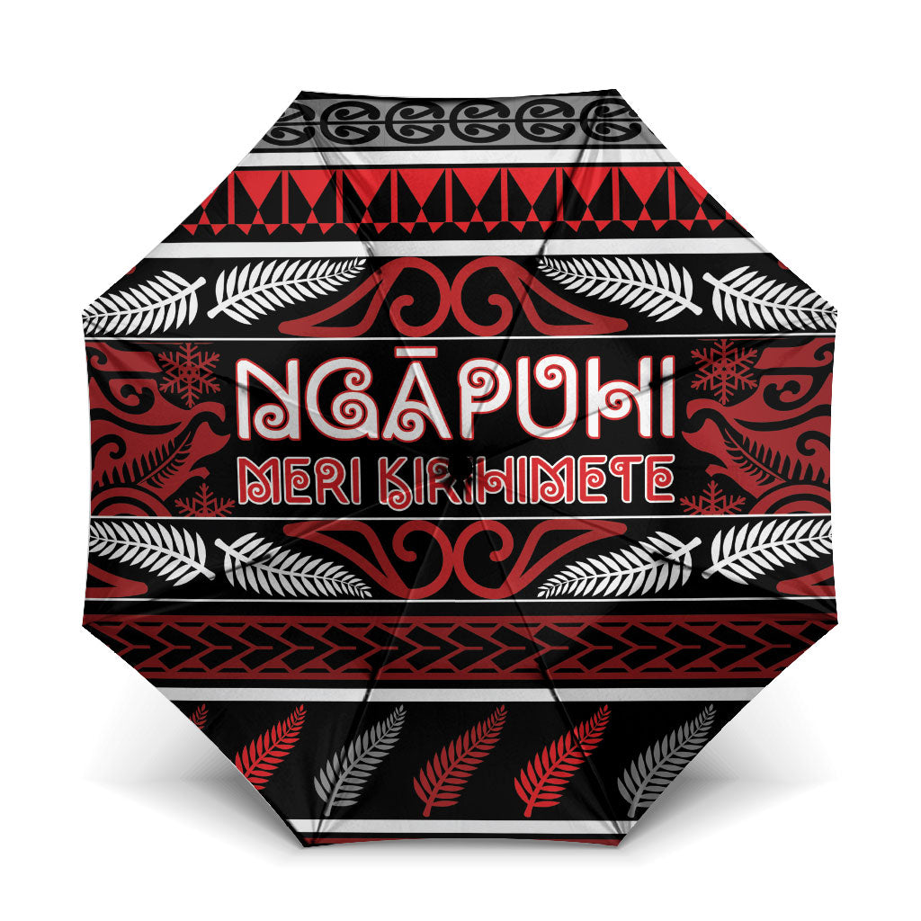 Ngapuhi Aotearoa Meri Kirihimete Umbrella Maori Silver Fern Koru Tribal Pattern DT05 One Size Folded 11.42 inch Opened Diameter 37.4 inch Red - Polynesian Pride
