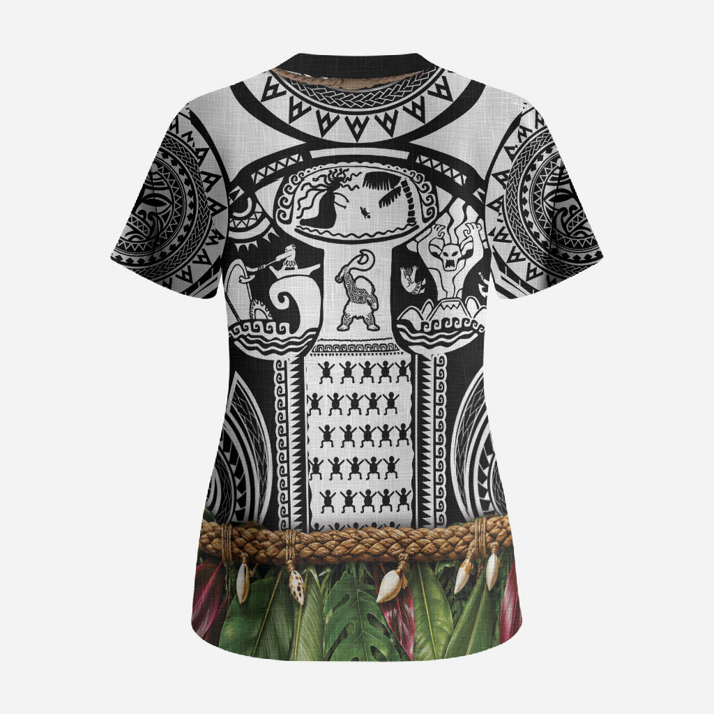 Polynesia Maui Black Tattoo Inspired Scrub Top Tropical Leaf Skirt Costume DT05 - Polynesian Pride