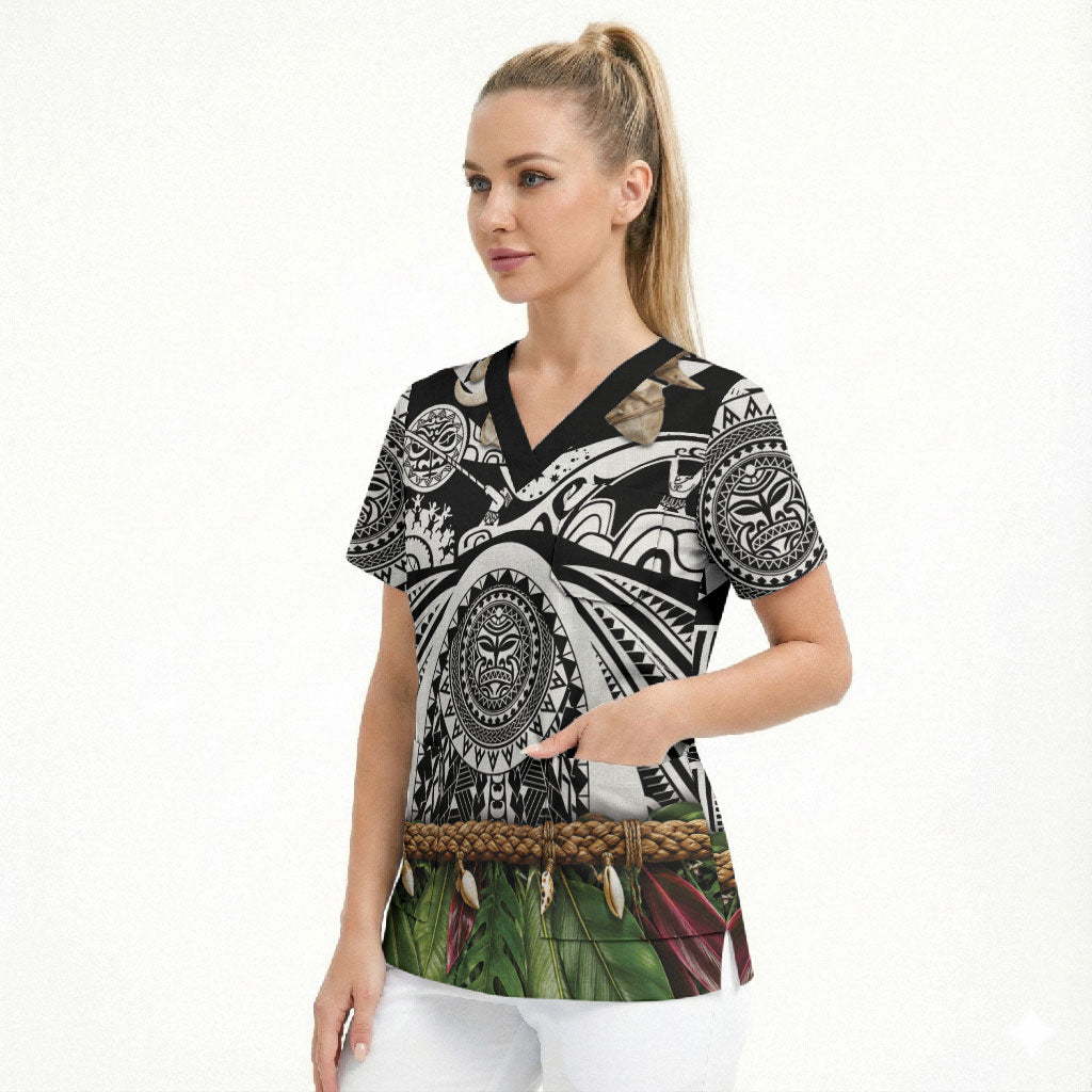 Polynesia Maui Black Tattoo Inspired Scrub Top Tropical Leaf Skirt Costume DT05 - Polynesian Pride