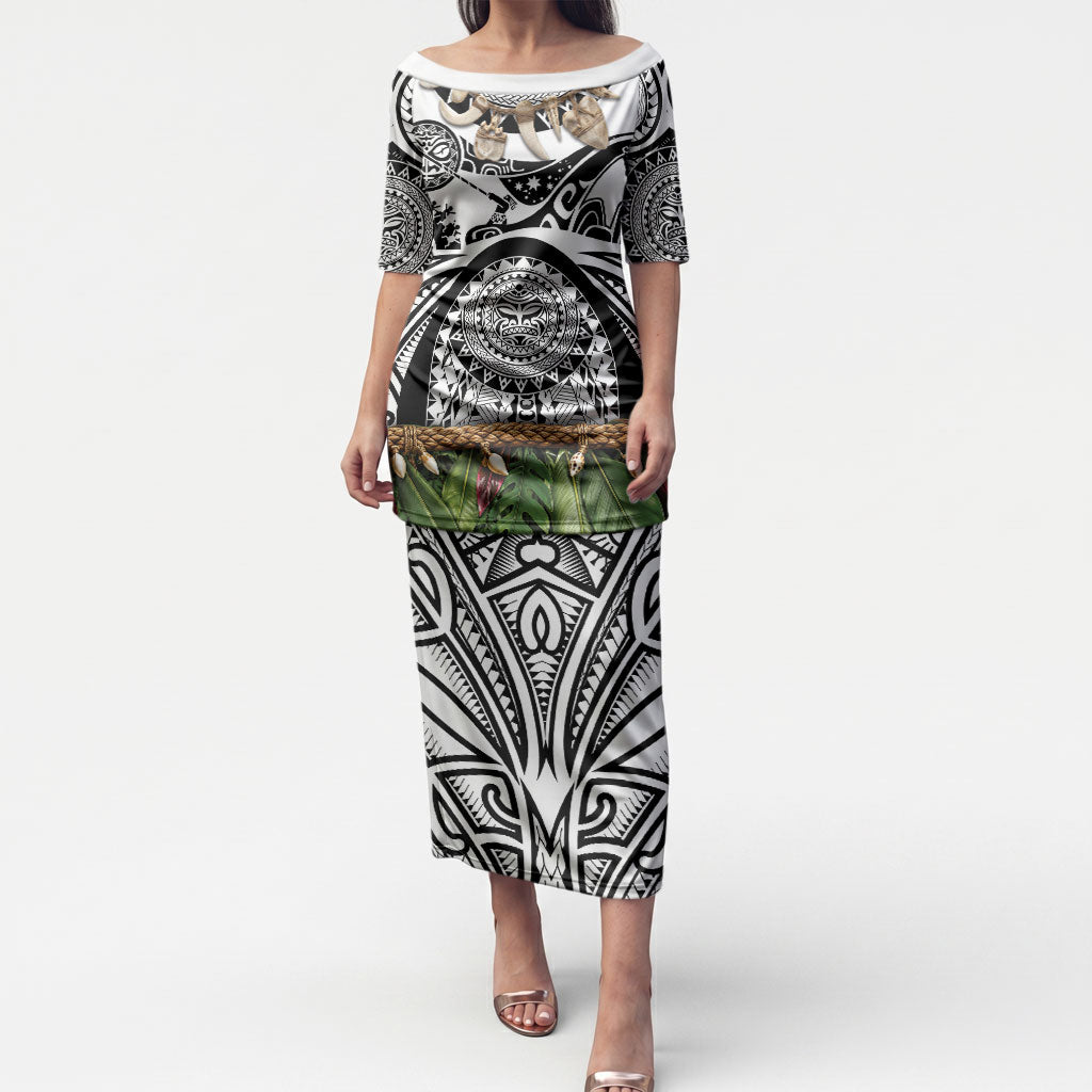 Polynesia Maui White Tattoo Inspired Puletasi Tropical Leaf Skirt Costume DT05 Long Dress White - Polynesian Pride