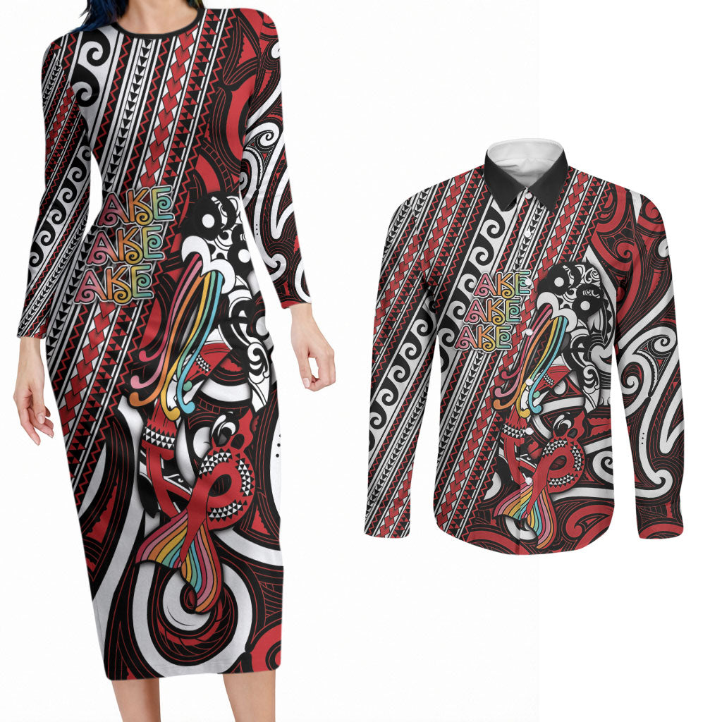 Personalised Maori Language Week Couples Matching Long Sleeve Bodycon Dress and Long Sleeve Button Shirt Ake Ake Ake Tribal Patterns DT05 Red - Polynesian Pride