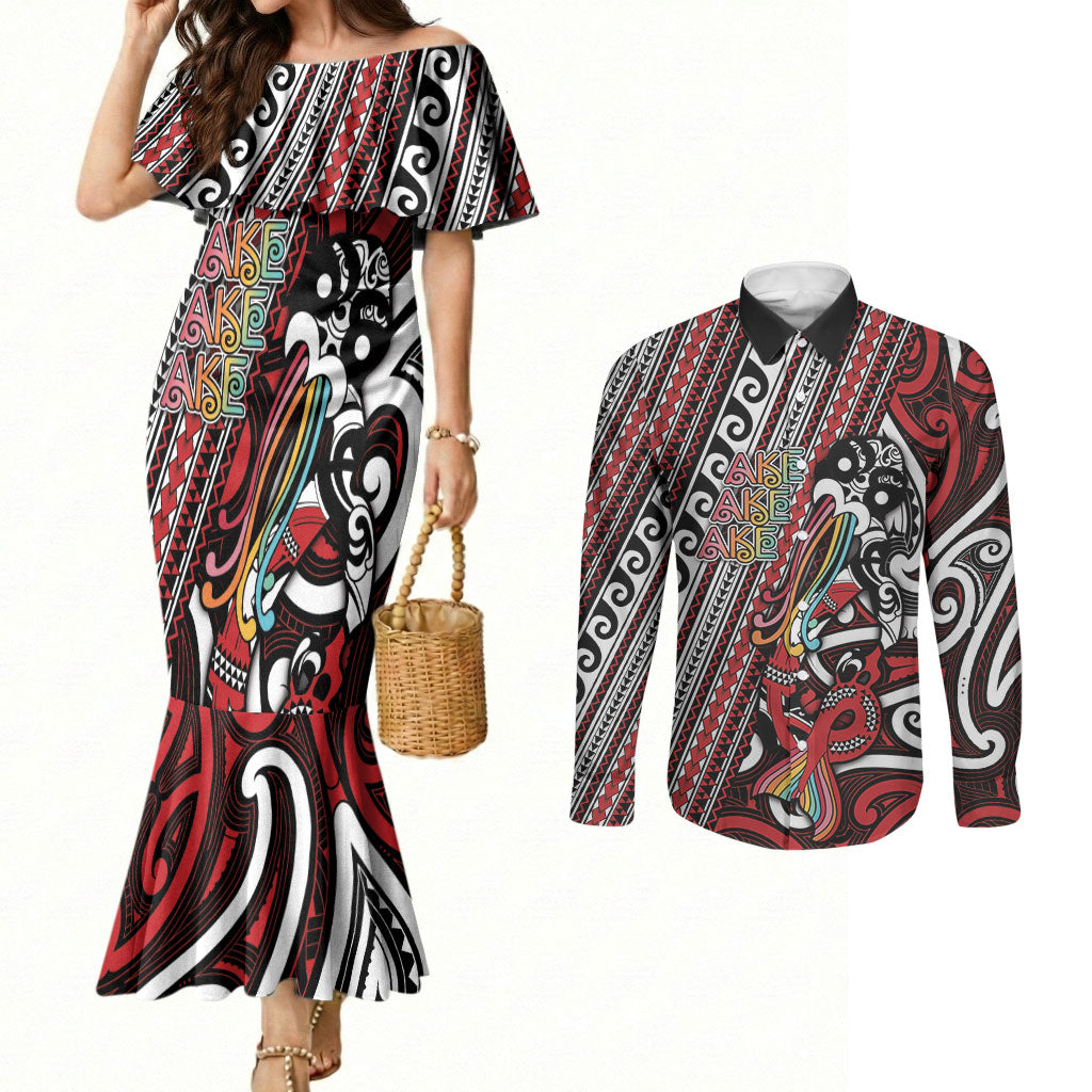 Personalised Maori Language Week Couples Matching Mermaid Dress and Long Sleeve Button Shirt Ake Ake Ake Tribal Patterns DT05 Red - Polynesian Pride