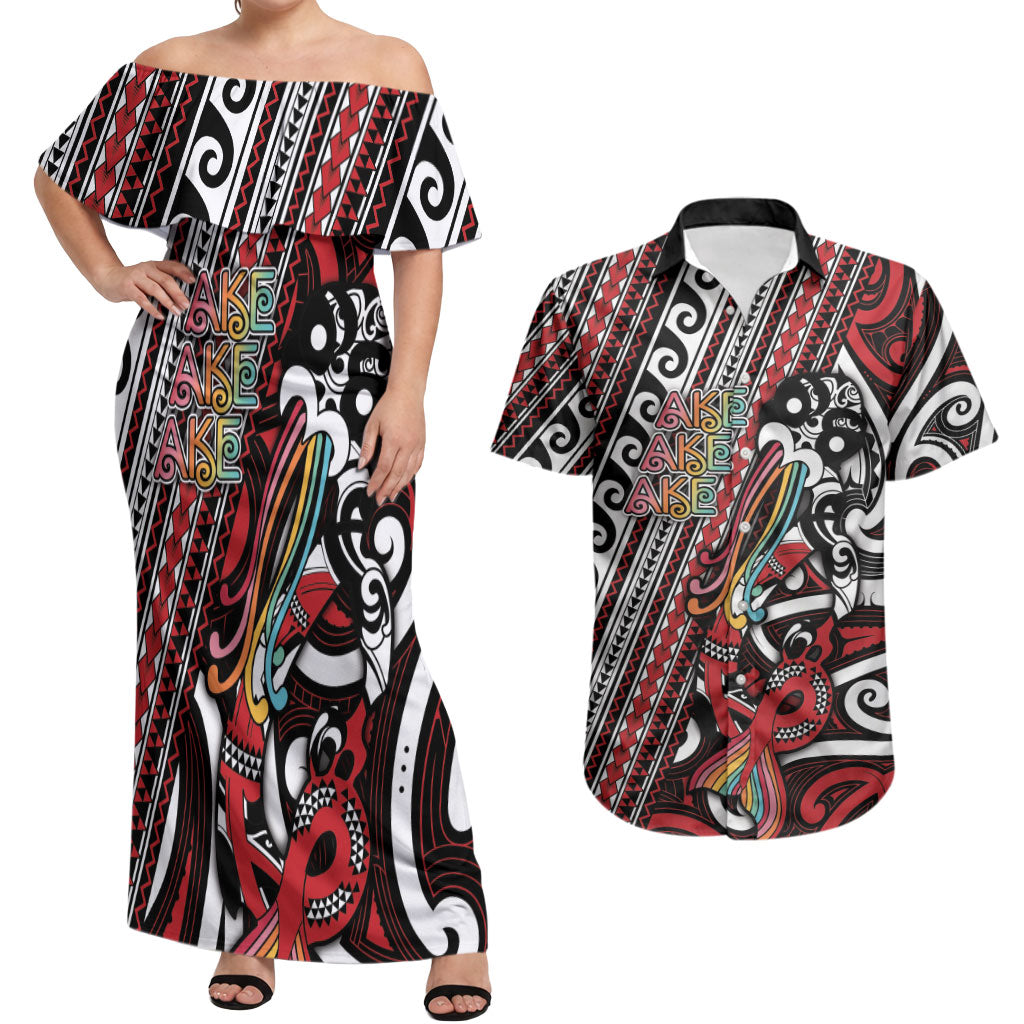 Personalised Maori Language Week Couples Matching Off Shoulder Maxi Dress and Hawaiian Shirt Ake Ake Ake Tribal Patterns DT05 Red - Polynesian Pride