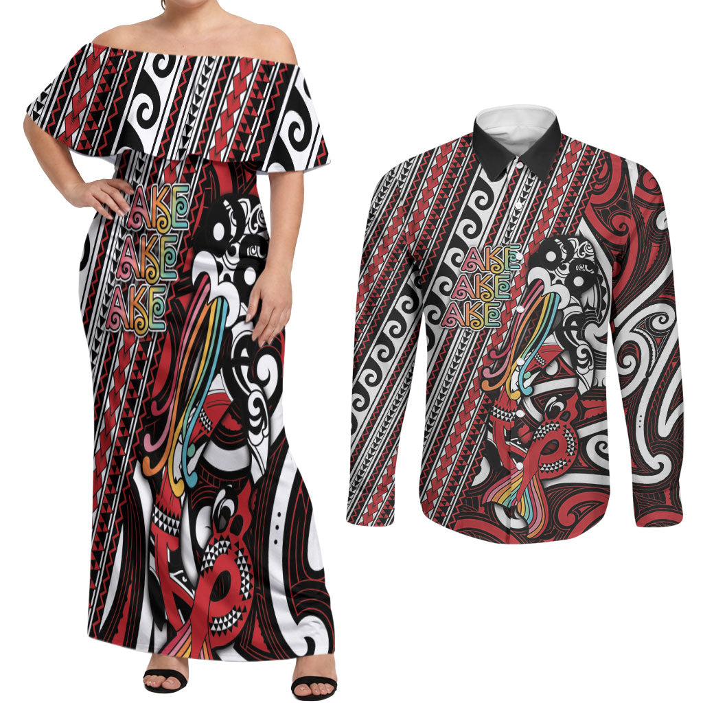 Personalised Maori Language Week Couples Matching Off Shoulder Maxi Dress and Long Sleeve Button Shirt Ake Ake Ake Tribal Patterns DT05 Red - Polynesian Pride