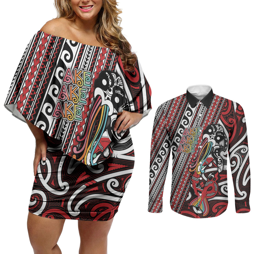 Personalised Maori Language Week Couples Matching Off Shoulder Short Dress and Long Sleeve Button Shirt Ake Ake Ake Tribal Patterns DT05 Red - Polynesian Pride