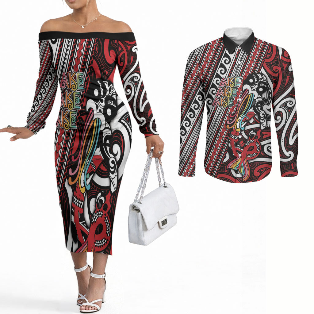 Personalised Maori Language Week Couples Matching Off The Shoulder Long Sleeve Dress and Long Sleeve Button Shirt Ake Ake Ake Tribal Patterns DT05 Red - Polynesian Pride