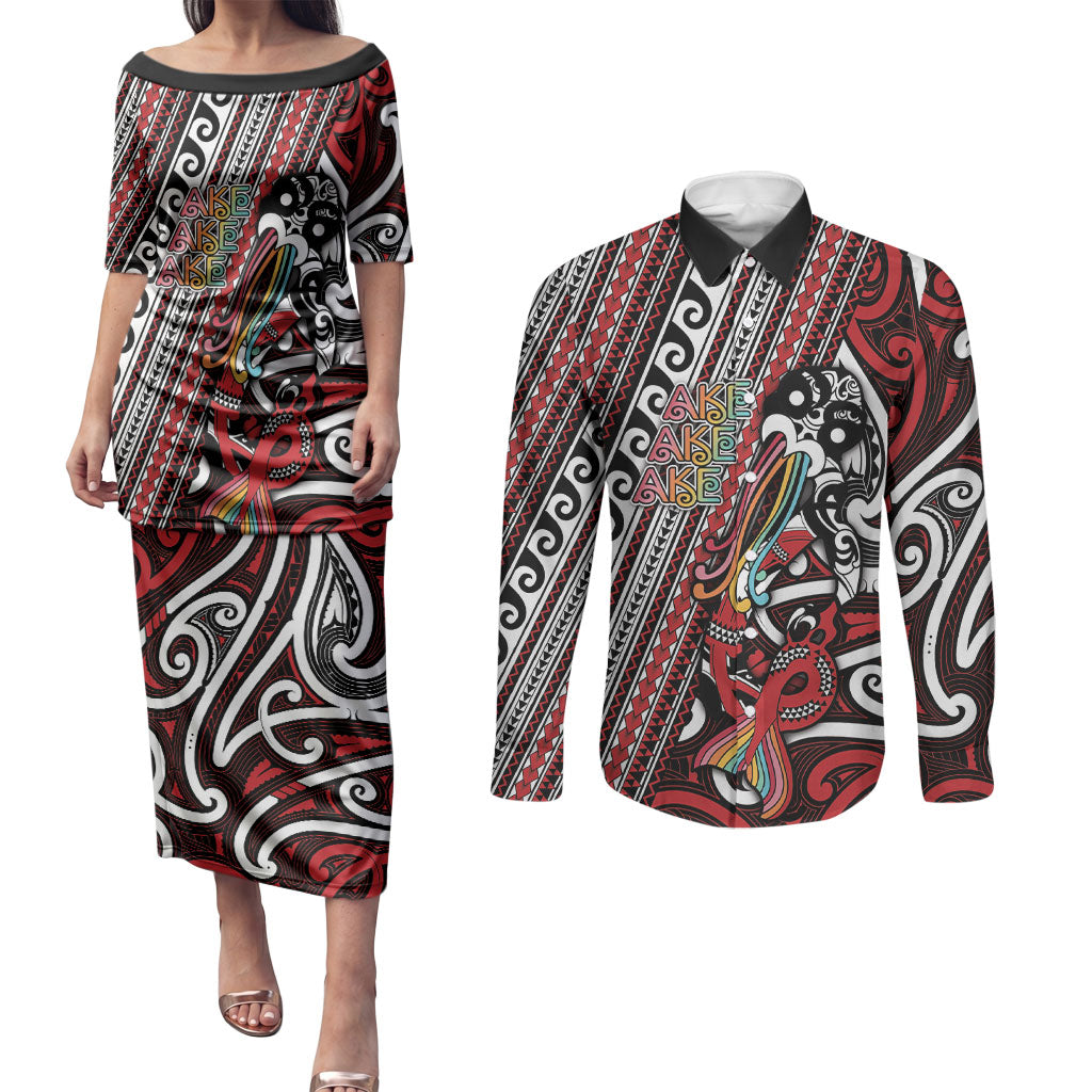 Personalised Maori Language Week Couples Matching Puletasi and Long Sleeve Button Shirt Ake Ake Ake Tribal Patterns DT05 Red - Polynesian Pride