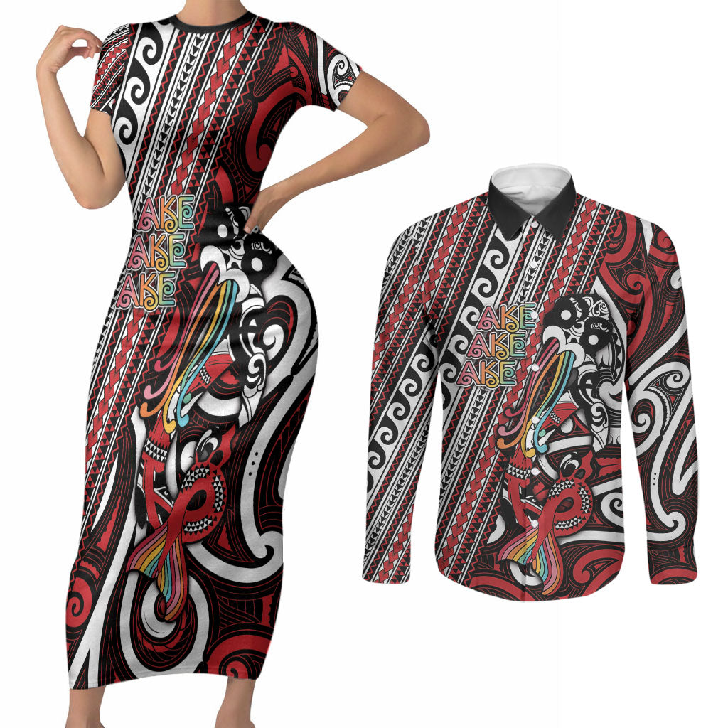 Personalised Maori Language Week Couples Matching Short Sleeve Bodycon Dress and Long Sleeve Button Shirt Ake Ake Ake Tribal Patterns DT05 Red - Polynesian Pride