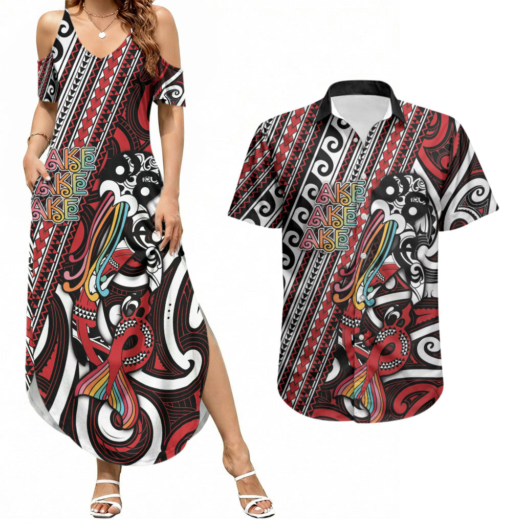 Personalised Maori Language Week Couples Matching Summer Maxi Dress and Hawaiian Shirt Ake Ake Ake Tribal Patterns DT05 Red - Polynesian Pride