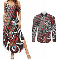 Personalised Maori Language Week Couples Matching Summer Maxi Dress and Long Sleeve Button Shirt Ake Ake Ake Tribal Patterns DT05 Red - Polynesian Pride