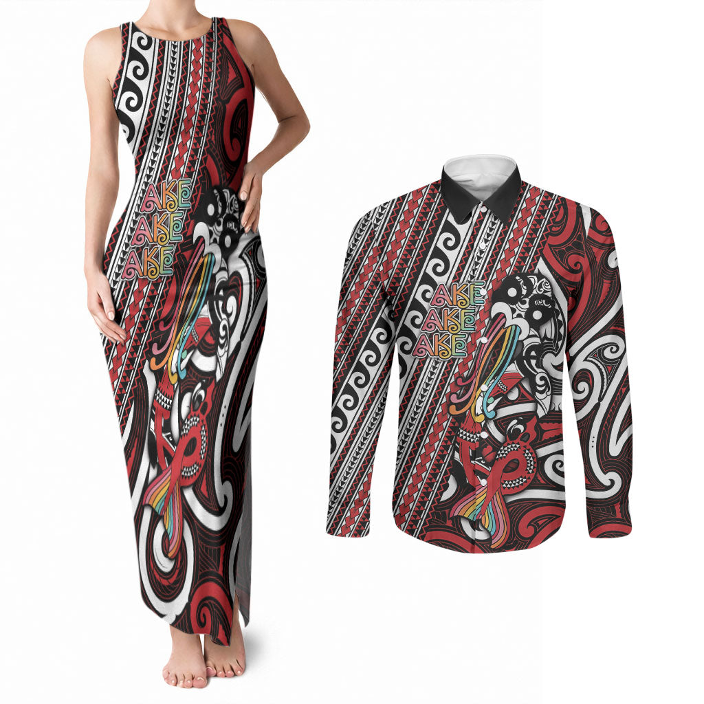 Personalised Maori Language Week Couples Matching Tank Maxi Dress and Long Sleeve Button Shirt Ake Ake Ake Tribal Patterns DT05 Red - Polynesian Pride
