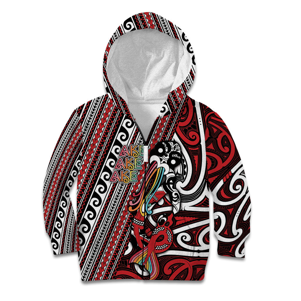 Personalised Maori Language Week Kid Hoodie Ake Ake Ake Tribal Patterns DT05 Zip Hoodie Red - Polynesian Pride