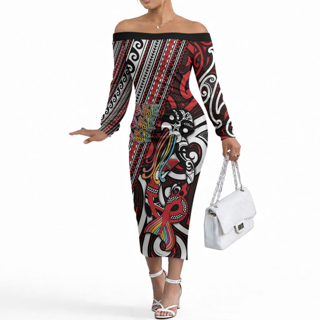 Personalised Maori Language Week Off The Shoulder Long Sleeve Dress Ake Ake Ake Tribal Patterns DT05 Women Red - Polynesian Pride
