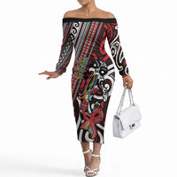 Personalised Maori Language Week Off The Shoulder Long Sleeve Dress Ake Ake Ake Tribal Patterns DT05 Women Red - Polynesian Pride