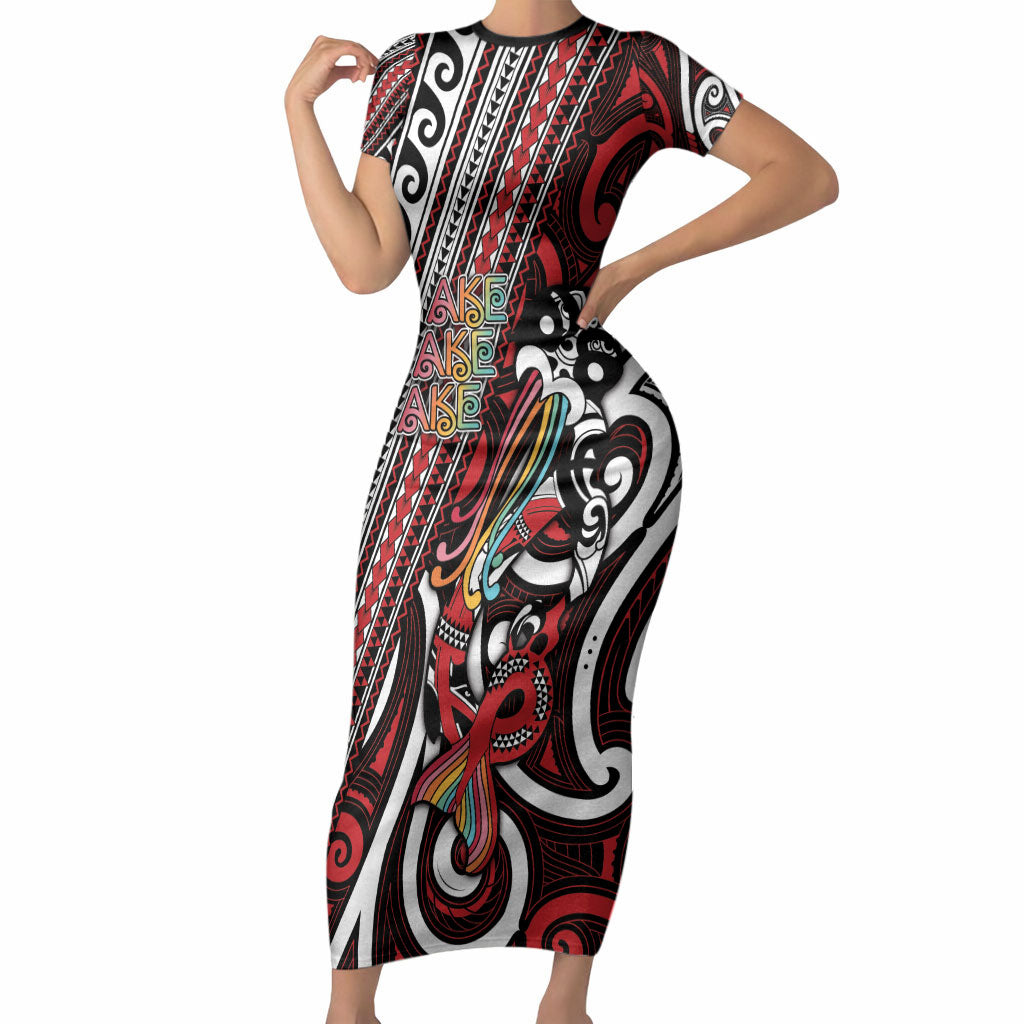 Personalised Maori Language Week Short Sleeve Bodycon Dress Ake Ake Ake Tribal Patterns DT05 Long Dress Red - Polynesian Pride