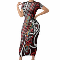 Personalised Maori Language Week Short Sleeve Bodycon Dress Ake Ake Ake Tribal Patterns DT05 Long Dress Red - Polynesian Pride