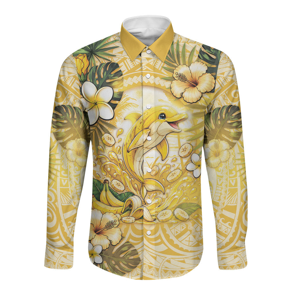 Hawaii Banana Dolphin Long Sleeve Button Shirt Cute Cosplay Naiʻa Fish Tribal Patterns DT05 Unisex Yellow - Polynesian Pride