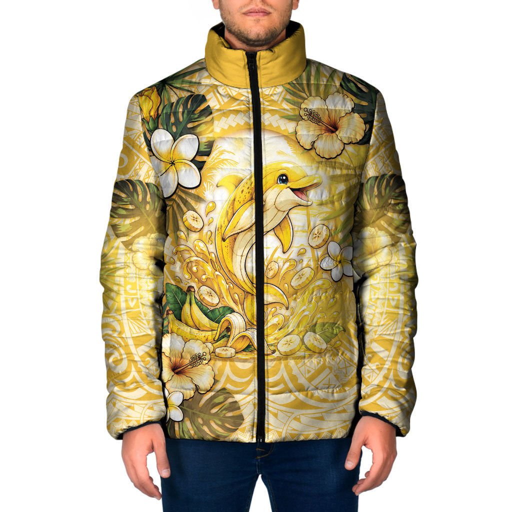 Hawaii Banana Dolphin Padded Jacket Cute Cosplay Naiʻa Fish Tribal Patterns DT05 Men Yellow - Polynesian Pride