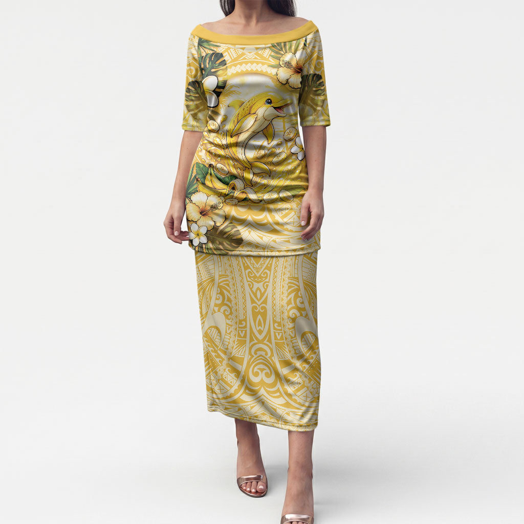 Hawaii Banana Dolphin Puletasi Cute Cosplay Naiʻa Fish Tribal Patterns DT05 Long Dress Yellow - Polynesian Pride