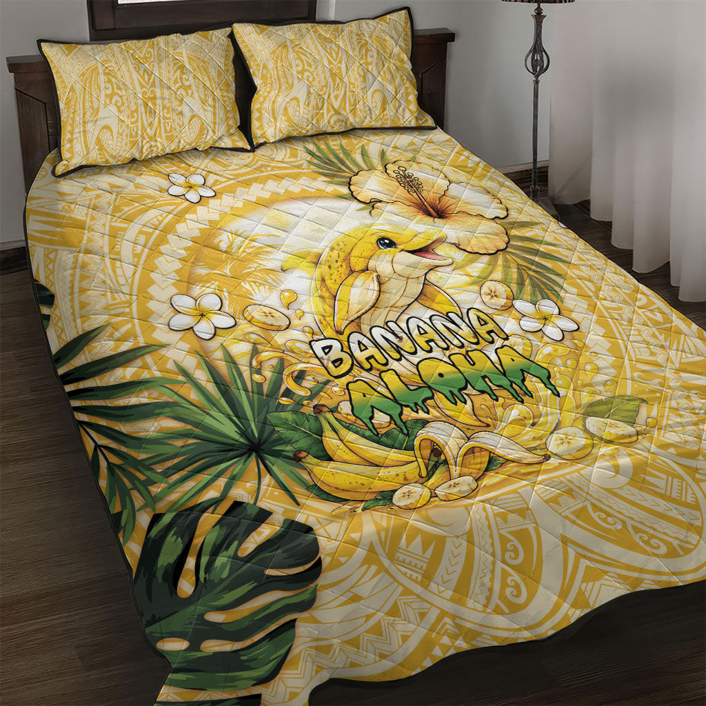 Hawaii Banana Dolphin Quilt Bed Set Cute Cosplay Naiʻa Fish Tribal Patterns DT05 Yellow - Polynesian Pride