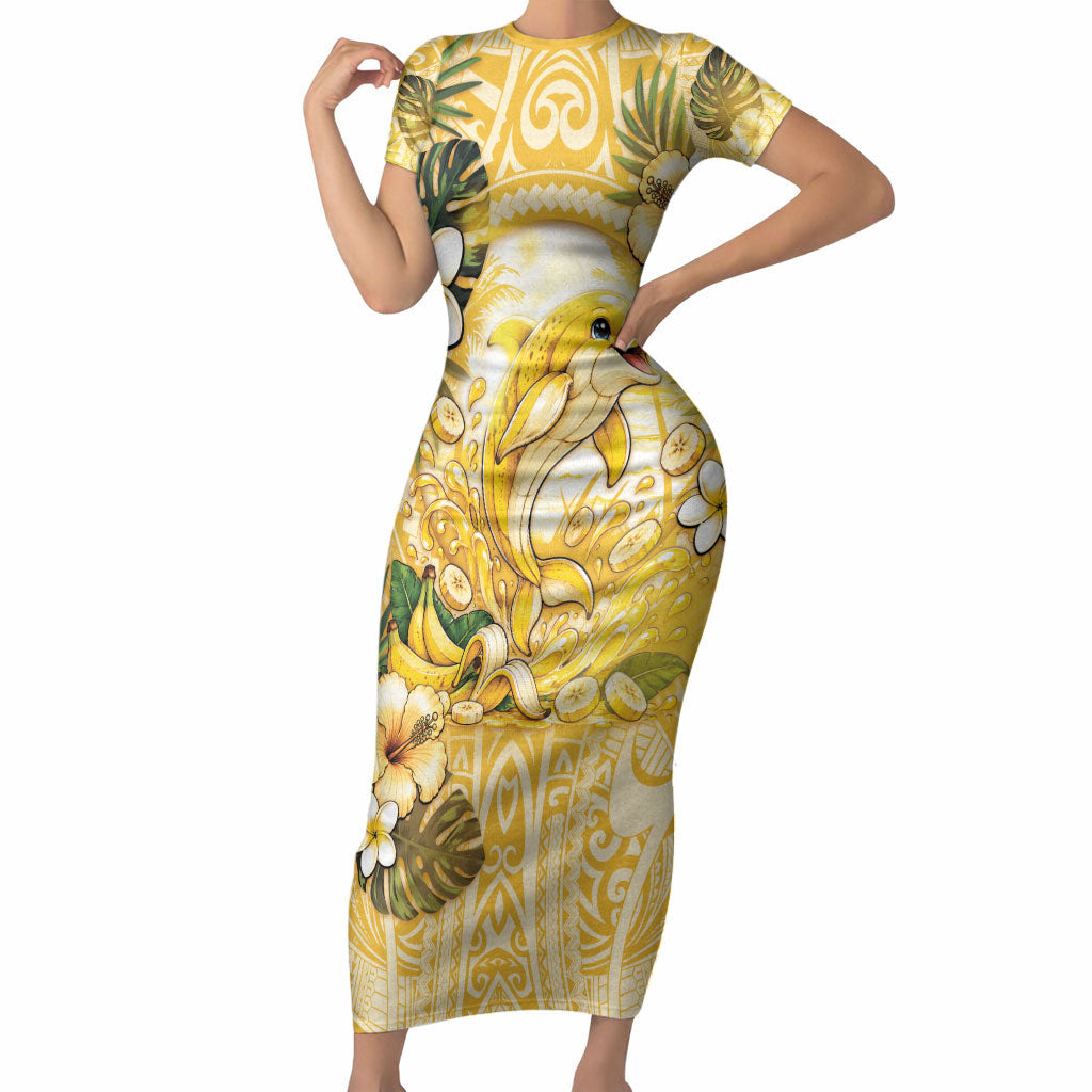 Hawaii Banana Dolphin Short Sleeve Bodycon Dress Cute Cosplay Naiʻa Fish Tribal Patterns DT05 Long Dress Yellow - Polynesian Pride