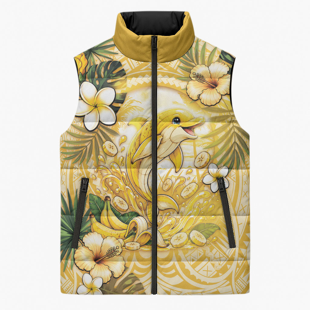 Hawaii Banana Dolphin Sleeveless Puffer Jacket Cute Cosplay Naiʻa Fish Tribal Patterns DT05 Unisex Yellow - Polynesian Pride