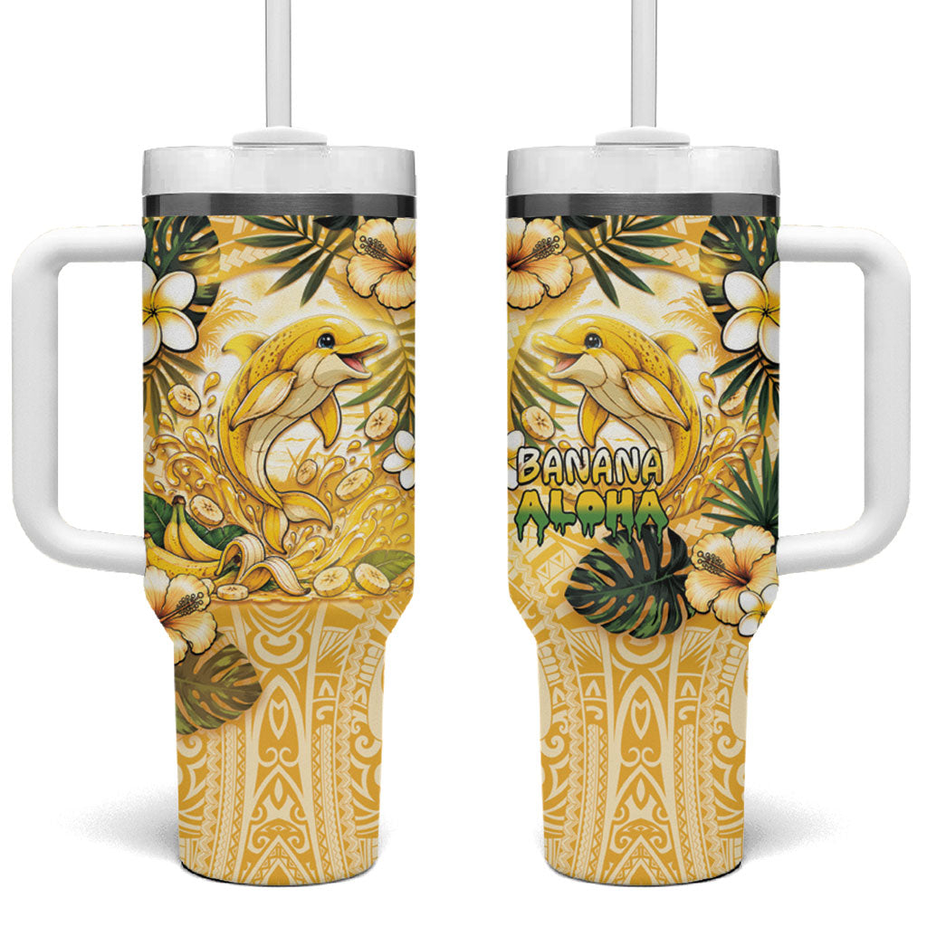 Hawaii Banana Dolphin Tumbler With Handle Cute Cosplay Naiʻa Fish Tribal Patterns DT05 One Size: 40 oz Yellow - Polynesian Pride
