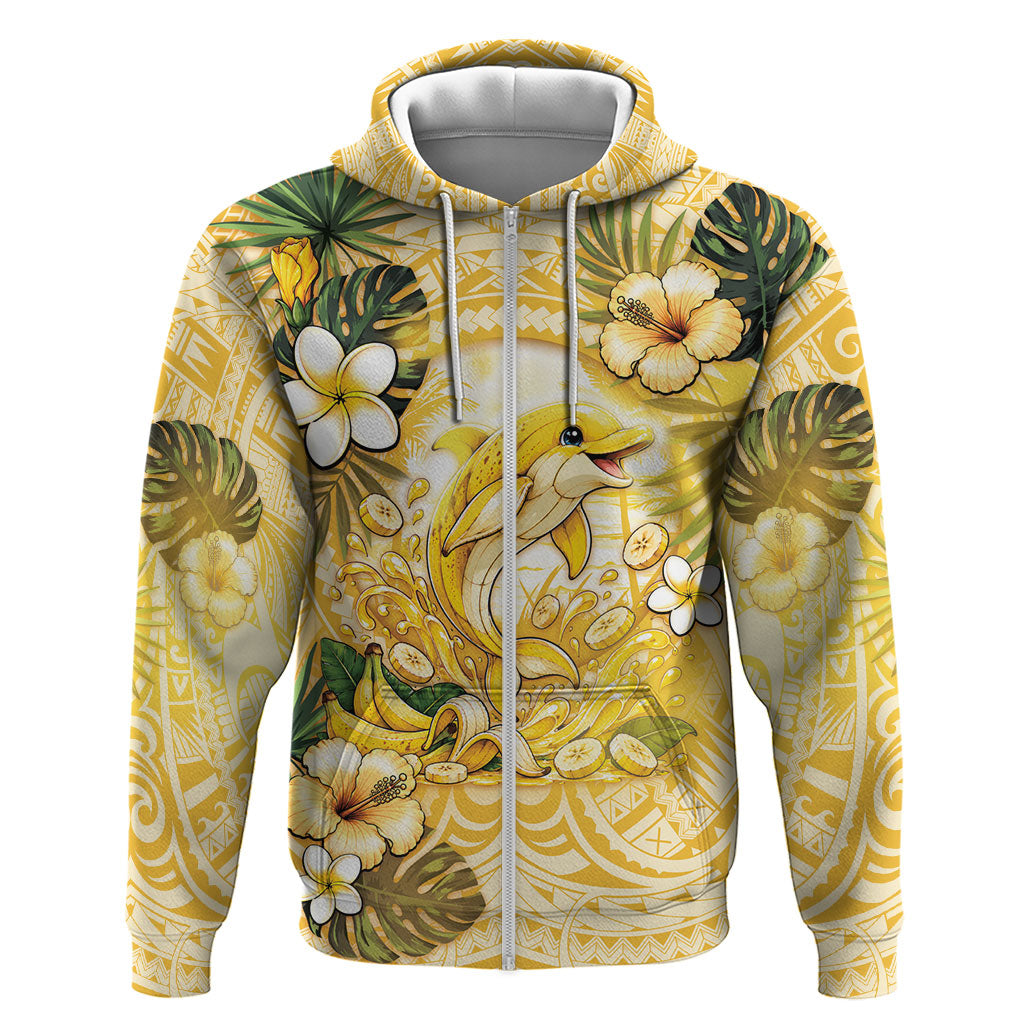 Hawaii Banana Dolphin Zip Hoodie Cute Cosplay Naiʻa Fish Tribal Patterns DT05 Zip Hoodie Yellow - Polynesian Pride